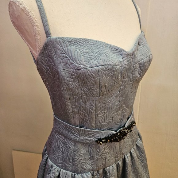 Wonderful MONIQUE LHUILLIER Light Blue Silk Brocade Beaded Formal Dress 4 XS S - Picture 9 of 14